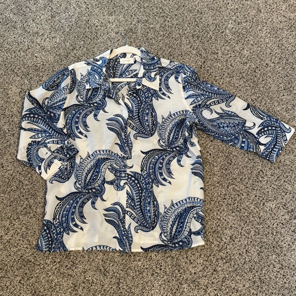 Chico's Blue and White Boxy Button Down Shirt in medium blue paisley - Picture 13 of 14